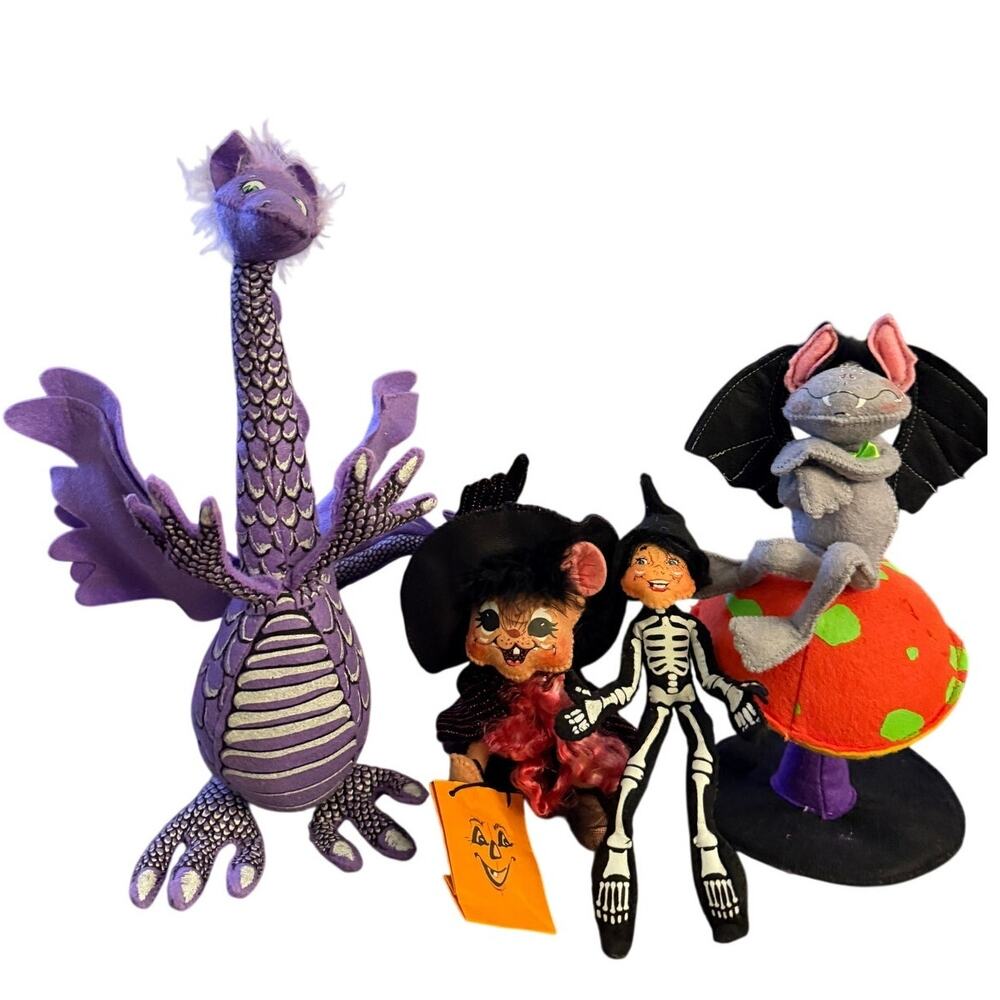Vintage Annalee Halloween Doll Lot 4pc Purple Dragon Bat Skeleton Witch Plush
